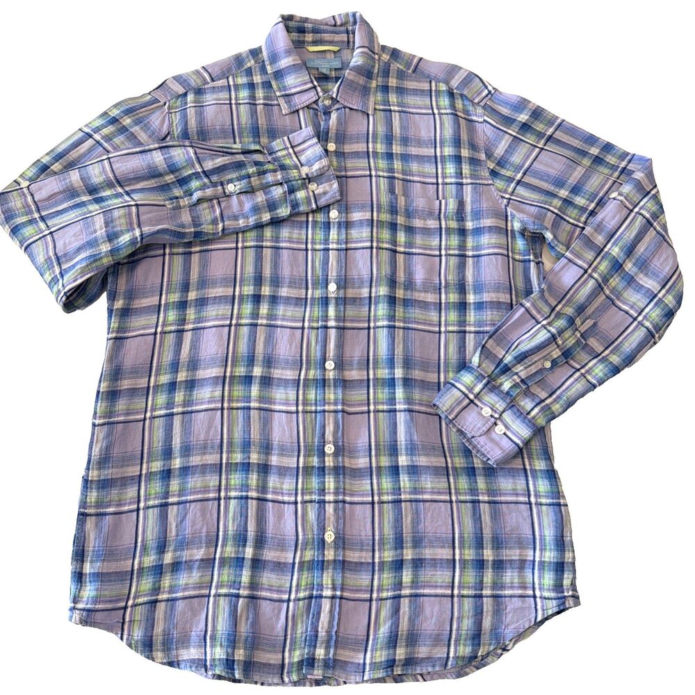 Patrick Assaraf Toscano Aqua 100% Linen Plaid Button Up Shirt Mens M Roll Tab